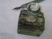 Antique old small glass inkwell from 1900 quill handle