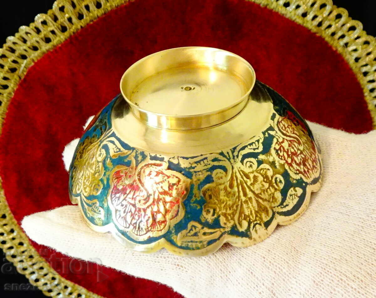 Bronze nut bowl, peacock, cellular enamel. - 5 Bronze nut bowl, peacock, cellular enamel. - 5