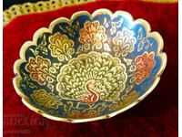 Bronze nut bowl, peacock, cellular enamel.