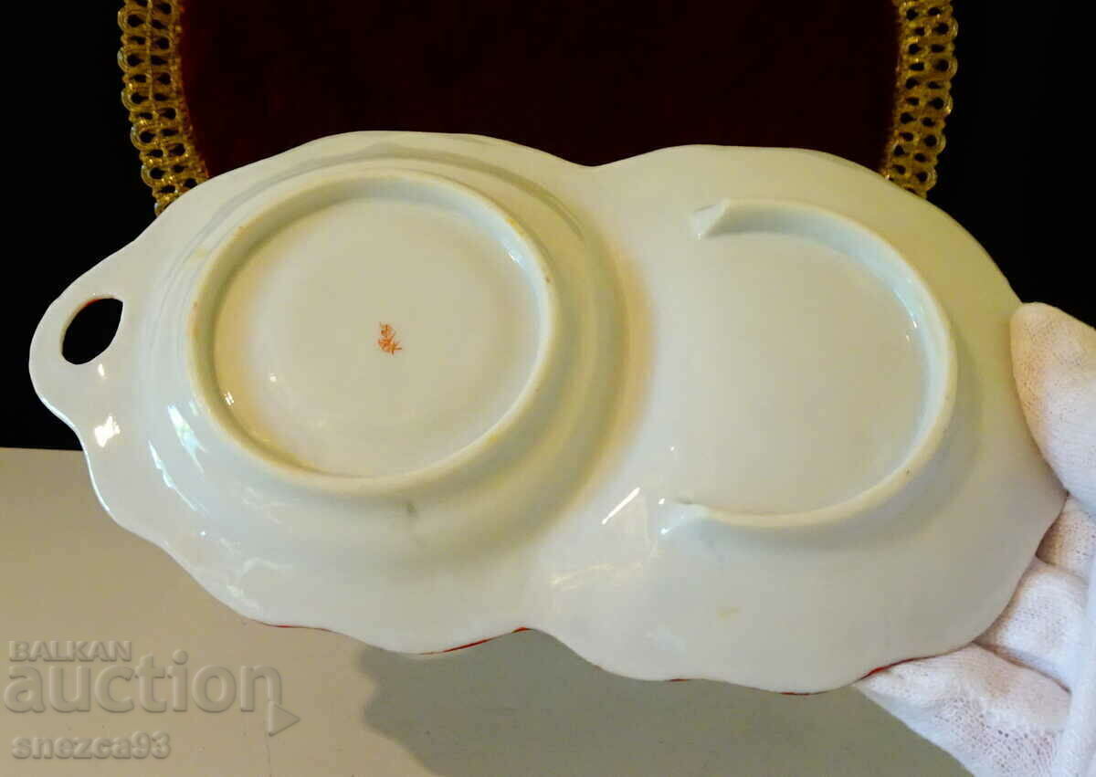 Farfurie porțelan japonez, aur, pițigoi, gheișă. - 5