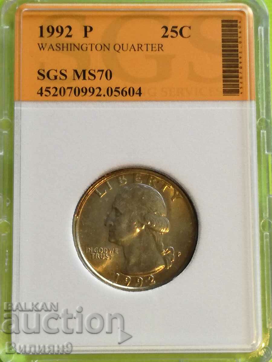 25 Cents 1992 ''P'' USA Certified SGS - MS70