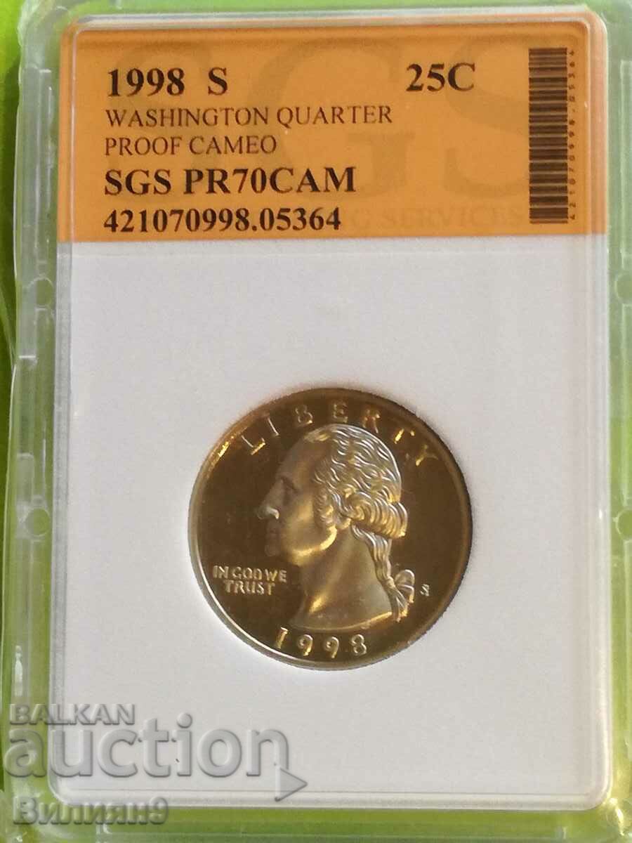 25 Cents 1998 "S" USA Proof Certified SGS - MS70