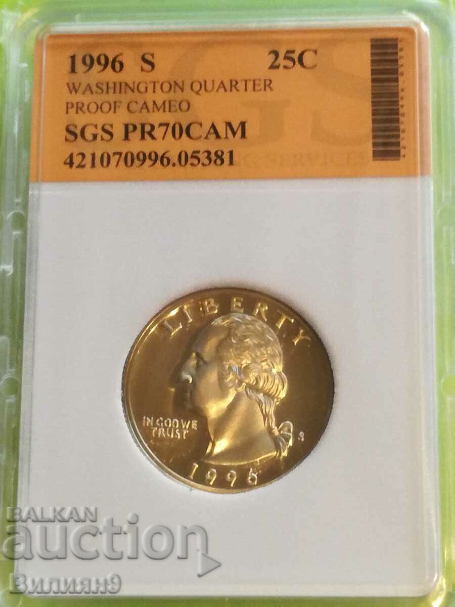 25 цента 1996 "S" САЩ Proof Сертифицирана SGS - MS70