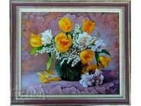 Picture with flowers - daffodils, tulips, lily of the valley