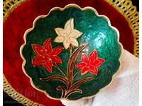 Bronze bowl, candy box with cellular enamel, green.