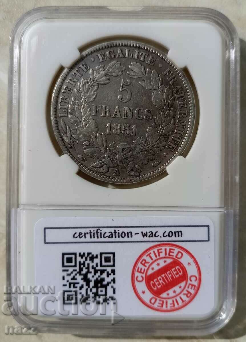 Γαλλία 5 Φράγκα 1851 Α / Ασήμι με τιμή 120.00 BGN | € 61.36 Γαλλία 5 Φράγκα 1851 Α / Ασήμι με τιμή 120.00 BGN | € 61.36