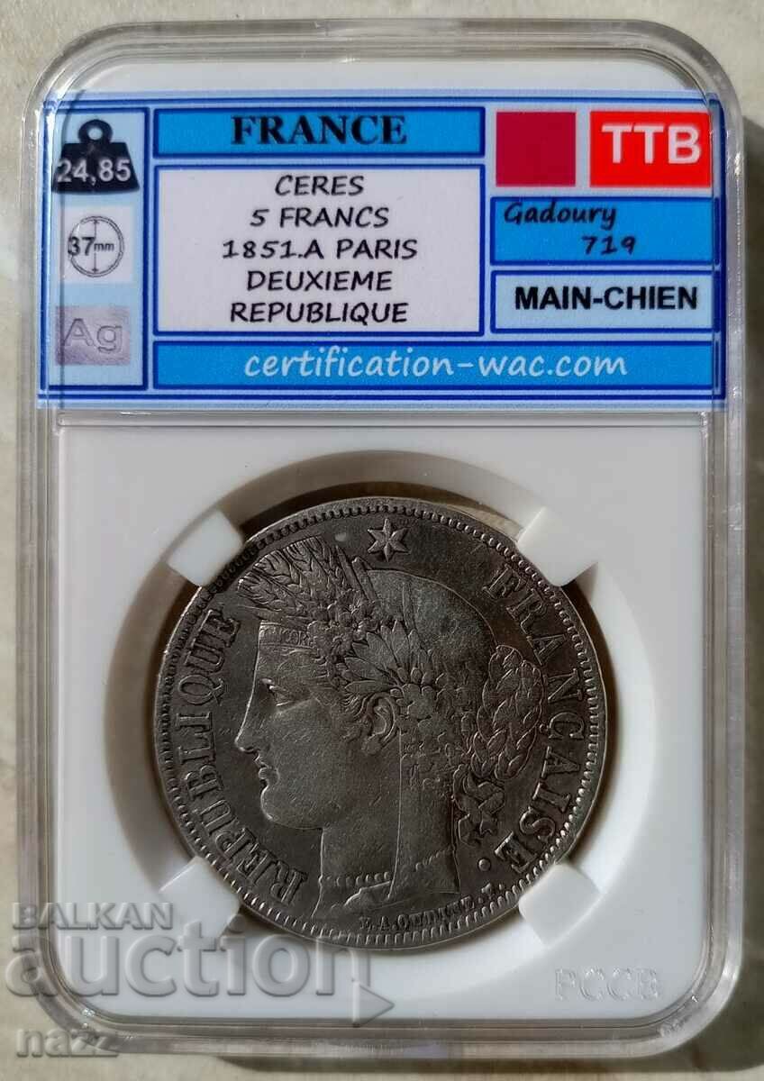 Γαλλία 5 Φράγκα 1851 Α / Ασήμι