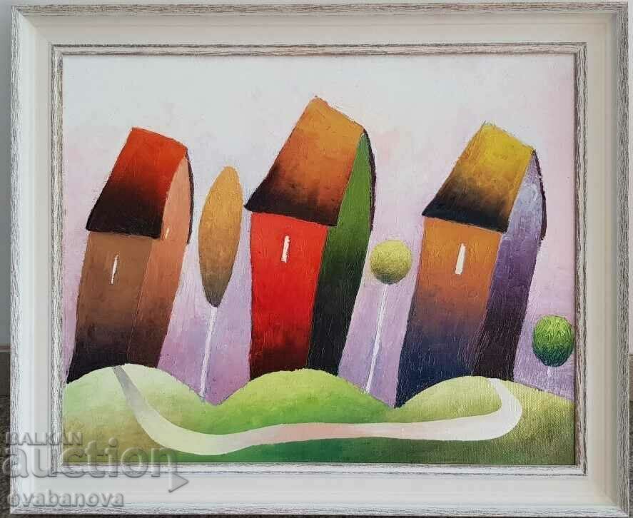 Bogomil Arsov Summer landscape houses Oil paints canvas