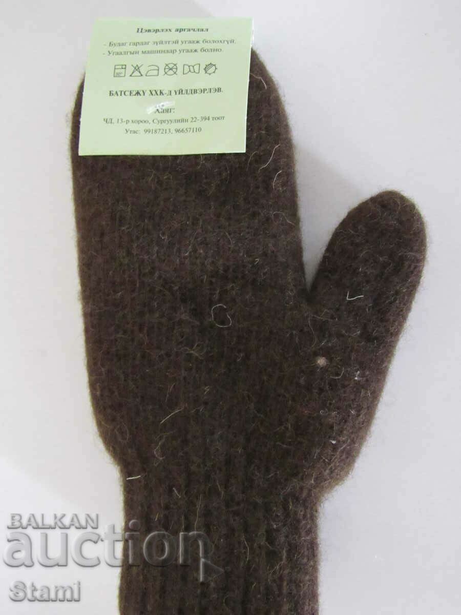 Machine knitted yak wool kid gloves with one finger, - 6 Machine knitted yak wool kid gloves with one finger, - 6