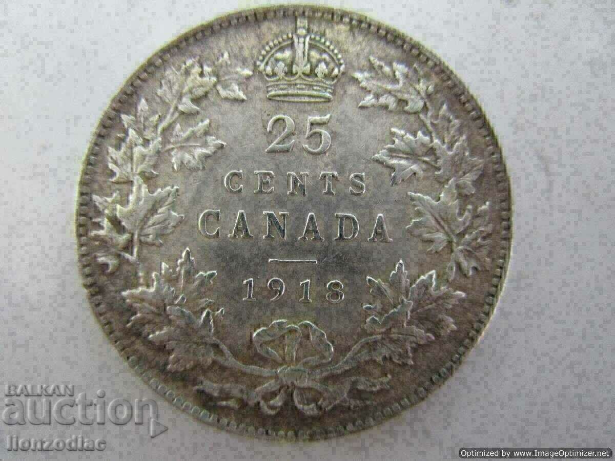 ❗CANADA 25 CENTI 1918, argint 0,925, rar, pentru colectia RRR❗