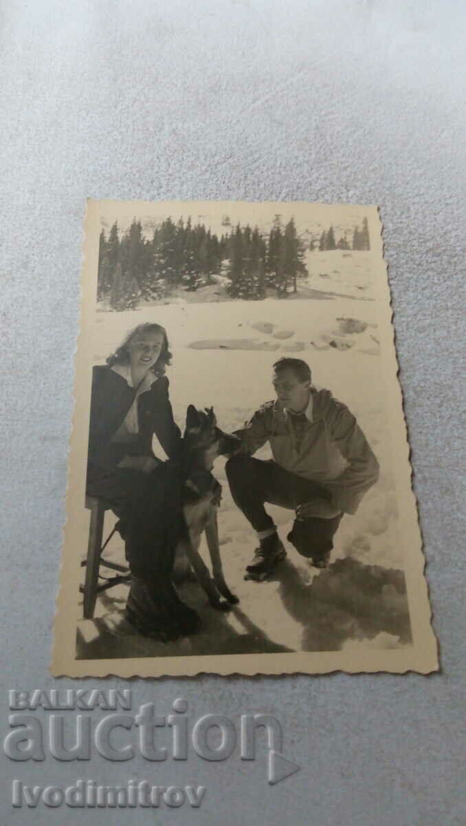 Ms. A man and a woman with a wolf breed dog in the mountains in winter