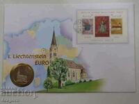 рядък плик с монета и марки Лихтенщайн 5 евро 1996