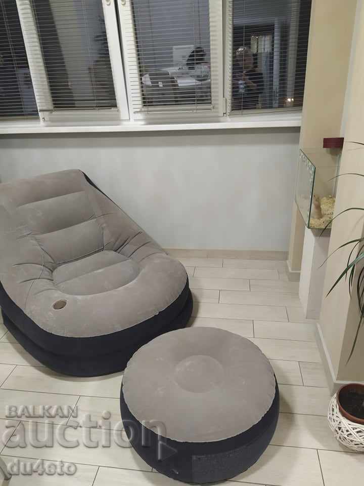 Auction  Inflatable, armchair armchair barbaron and pouf stool suede Int