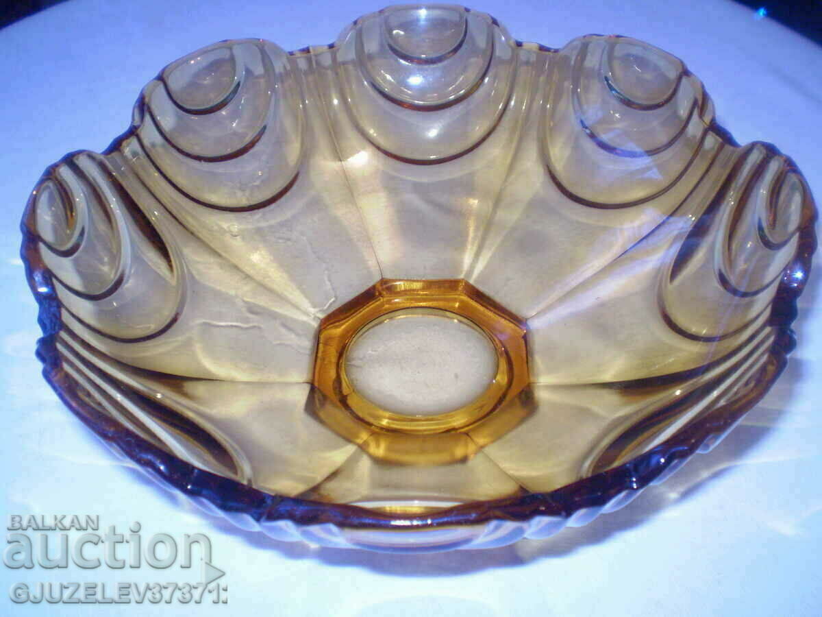 Old Crystal Glass CARAMEL COLOR Massive Bowl, Fructier - 5 Old Crystal Glass CARAMEL COLOR Massive Bowl, Fructier - 5