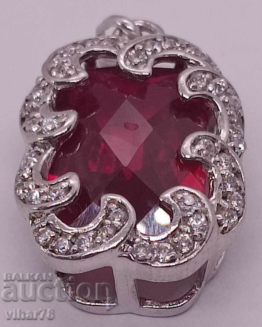 Auction SILVER PENDANT WITH HUGE RUBY AND FIANITES Auction SILVER PENDANT WITH HUGE RUBY AND FIANITES