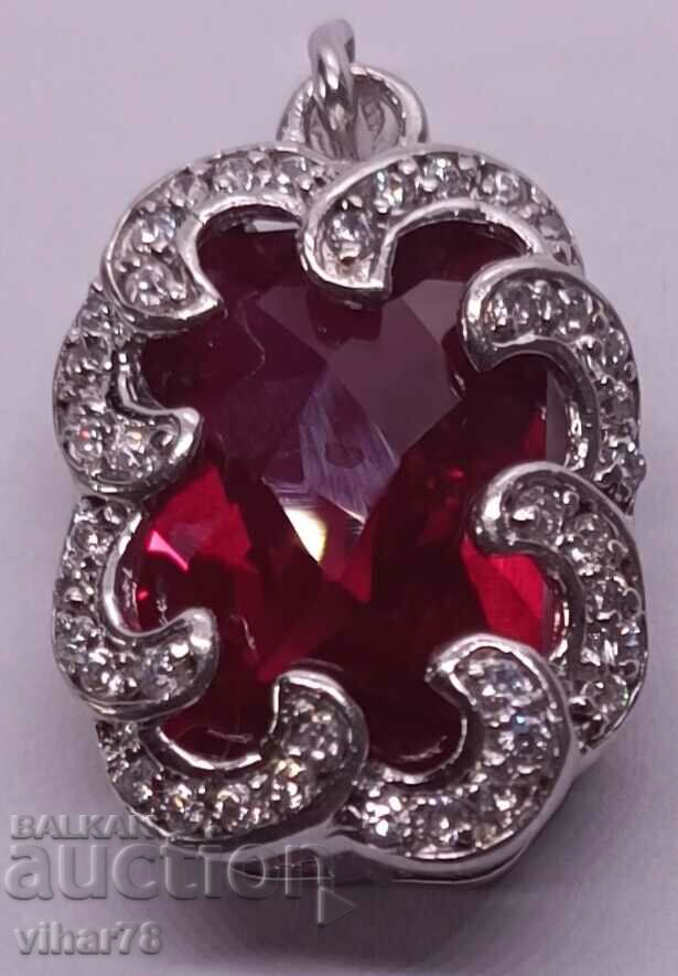 SILVER PENDANT WITH HUGE RUBY AND FIANITES - 7 SILVER PENDANT WITH HUGE RUBY AND FIANITES - 7