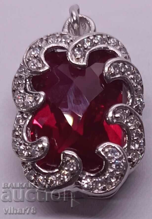 SILVER PENDANT WITH HUGE RUBY AND FIANITES