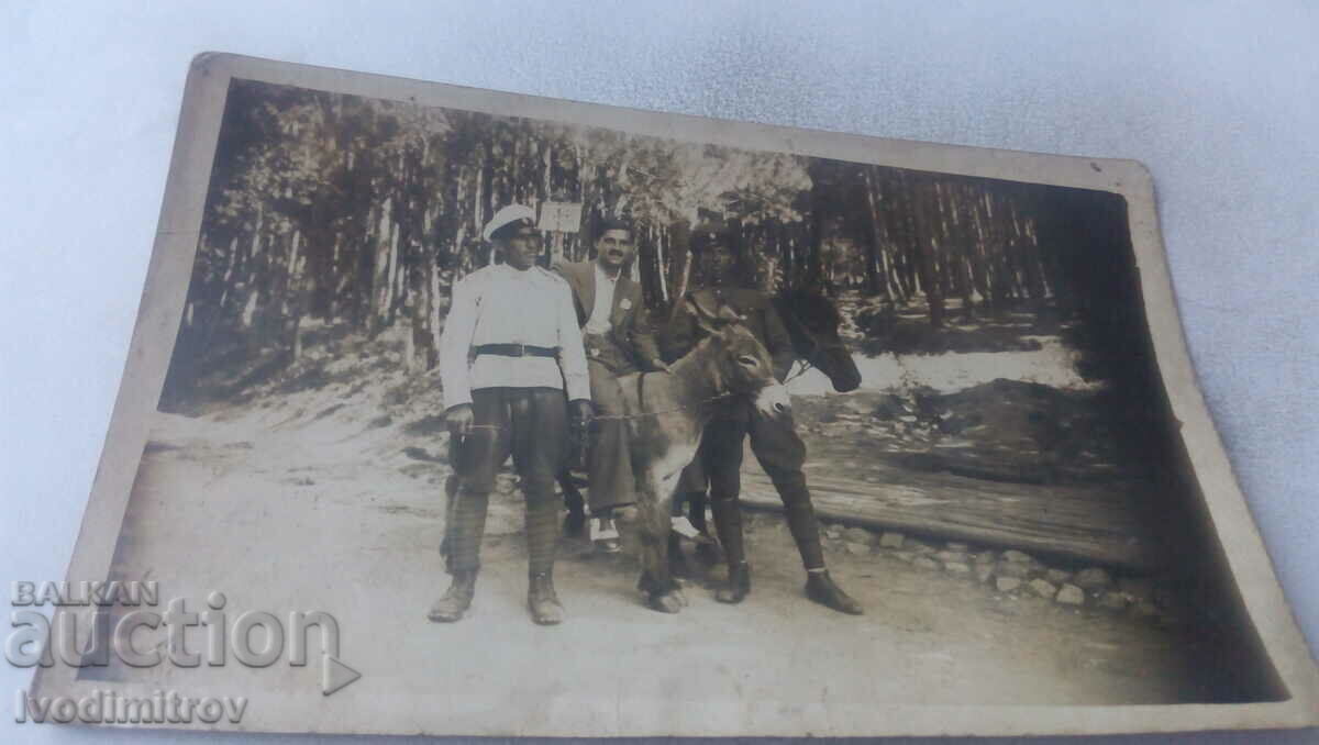 Φωτογραφία Δύο αξιωματικοί και ένας άνδρας σε έναν γάιδαρο στο δάσος 1935