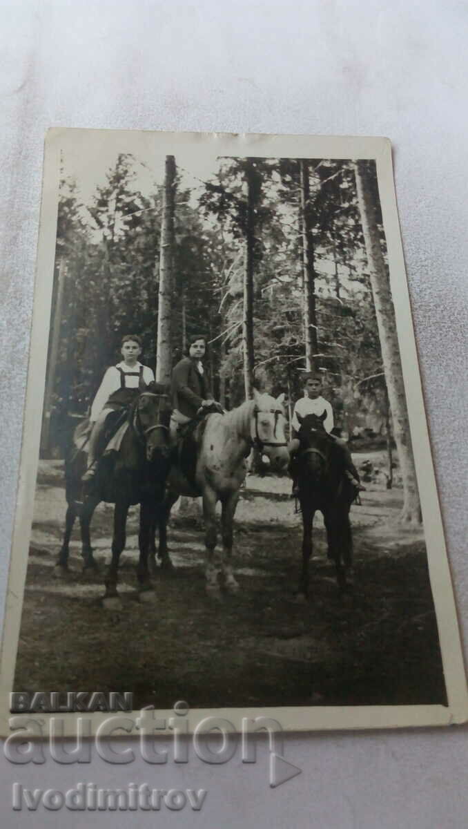 Photo Woman and two boys on horses in the forest