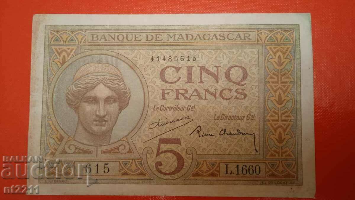 Banknote 5 francs Madagascar 1937