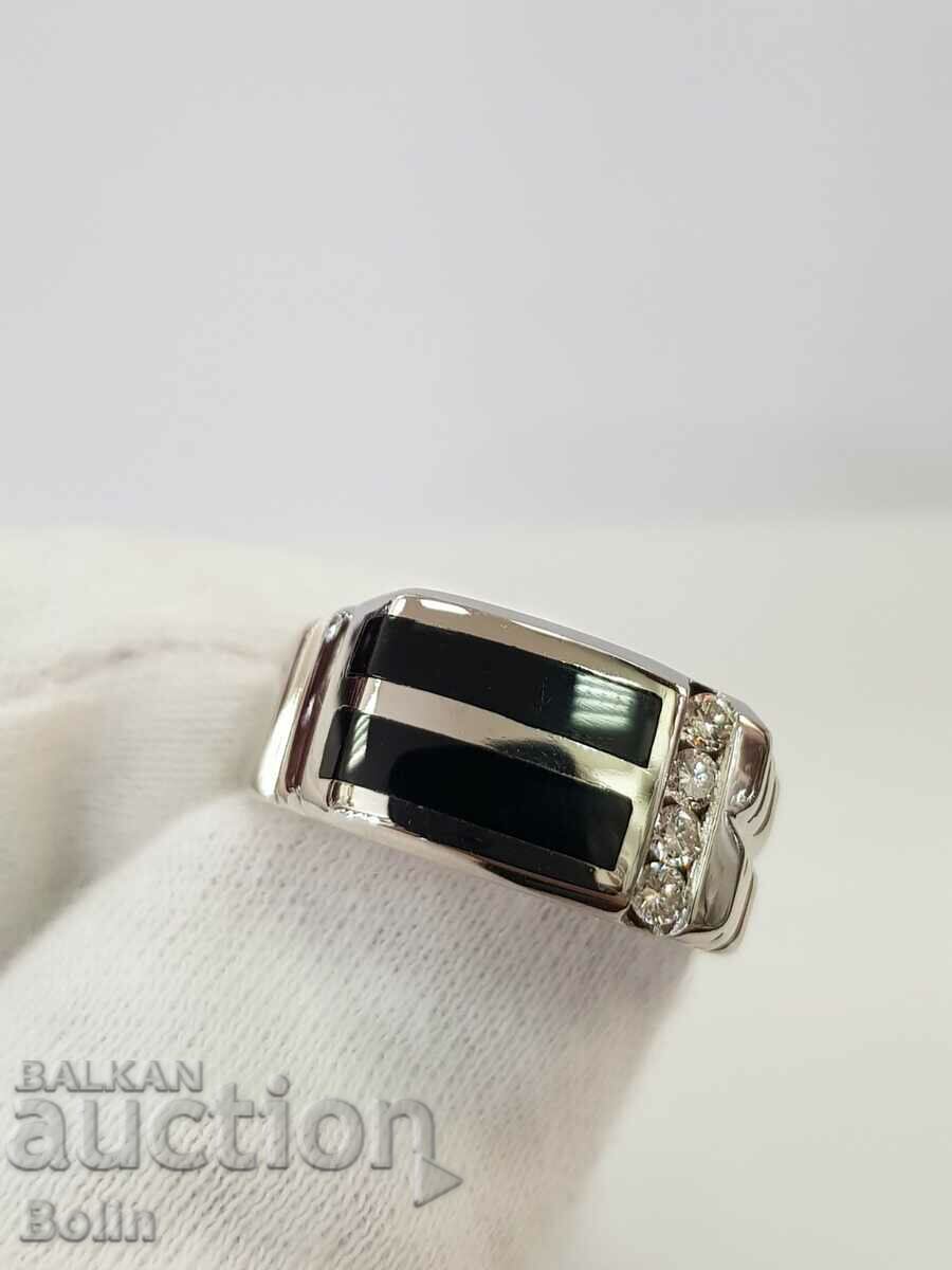Stylish men's gold ring with diamonds and onyx 14k.
