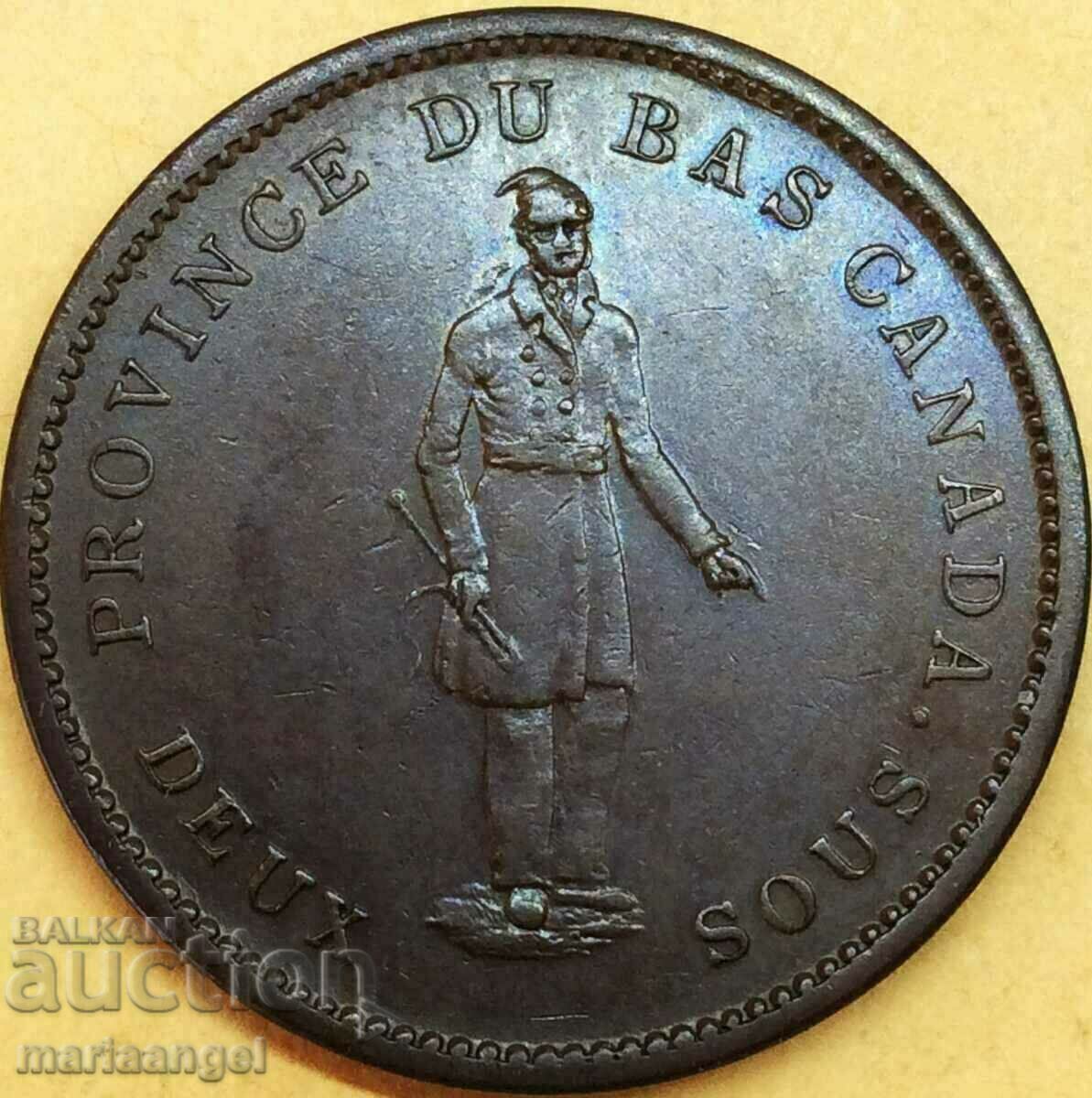 1 penny 1837 2 sous Canada 18.81g 34mm Bank Token copper