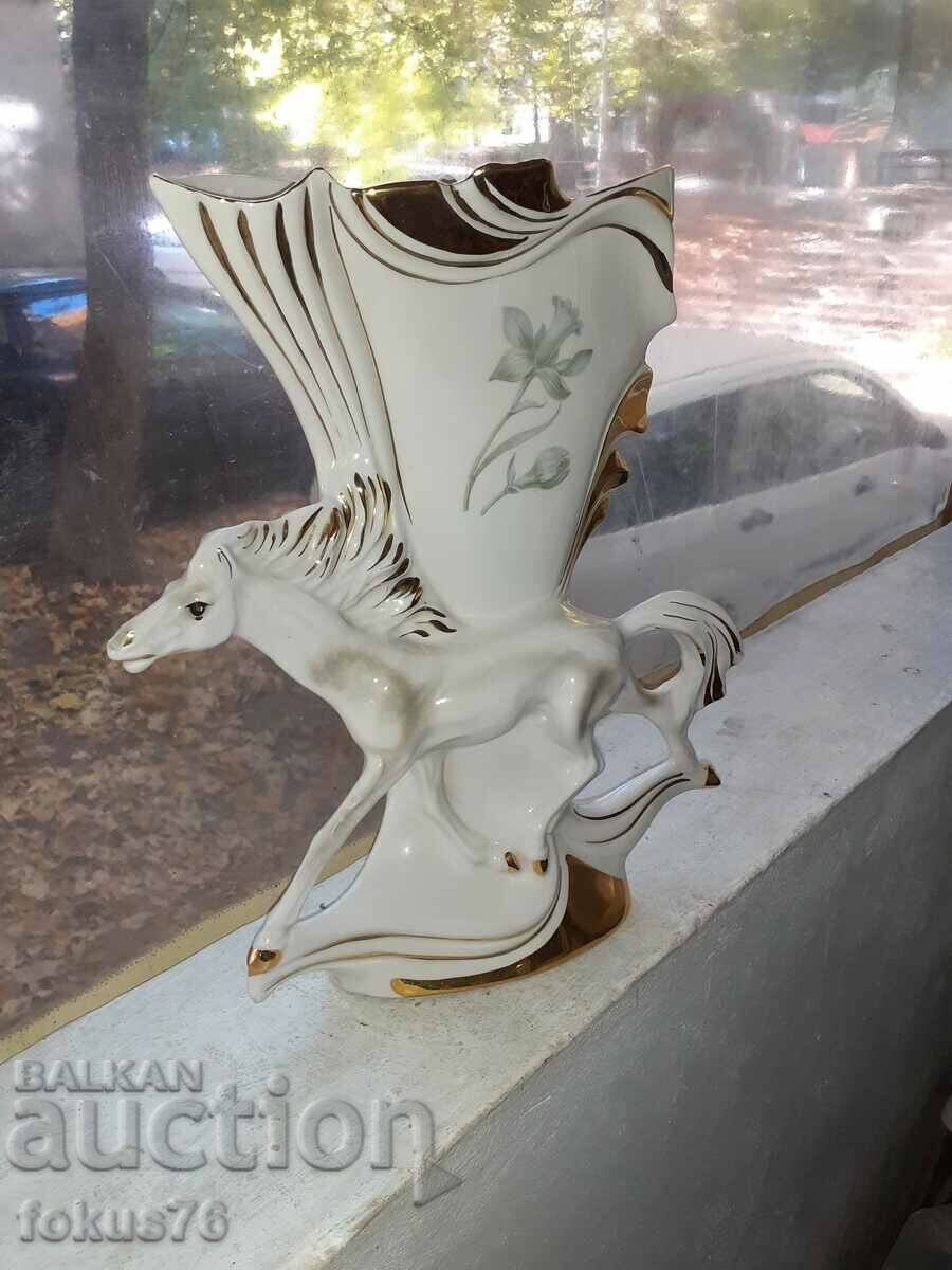 A beauty of porcelain large horse vase with gilding and marking