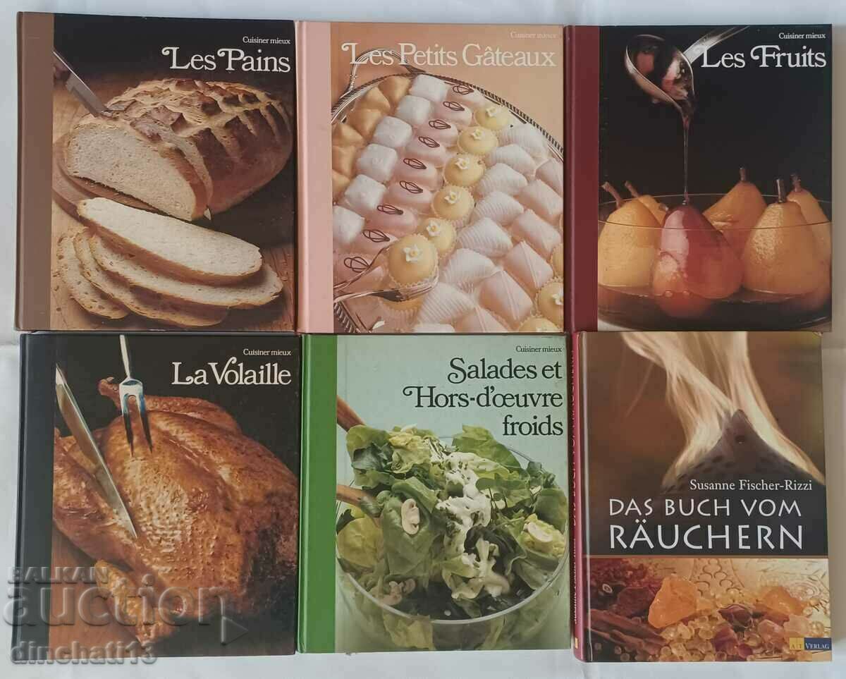 Lot of cookbooks. Bread, desserts, fruit meat