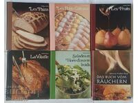 Lot of cookbooks. Bread, desserts, fruit meat