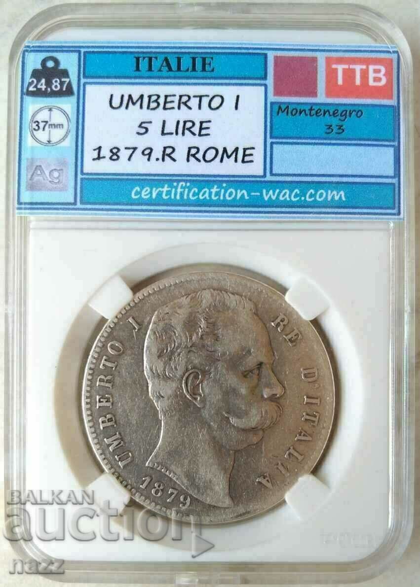Italy 5 Lire 1879 Umberto / Silver