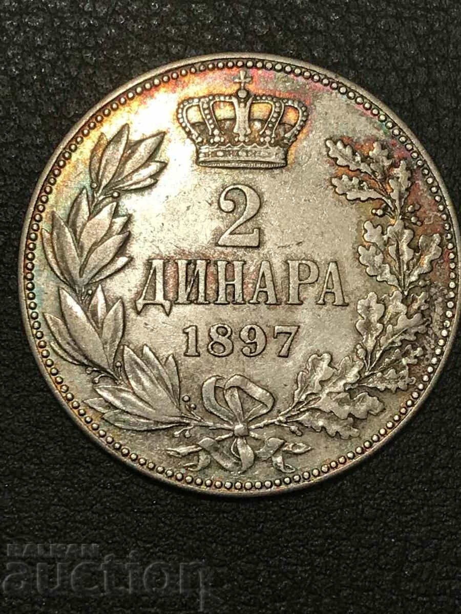 Serbia 2 dinars 1897 Alexander l silver excellent
