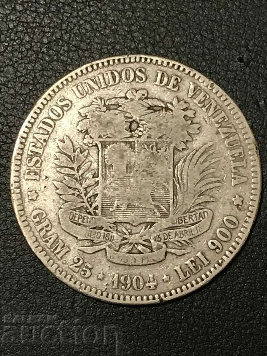Venezuela 5 bolivars 1904 Simón Bolívar silver