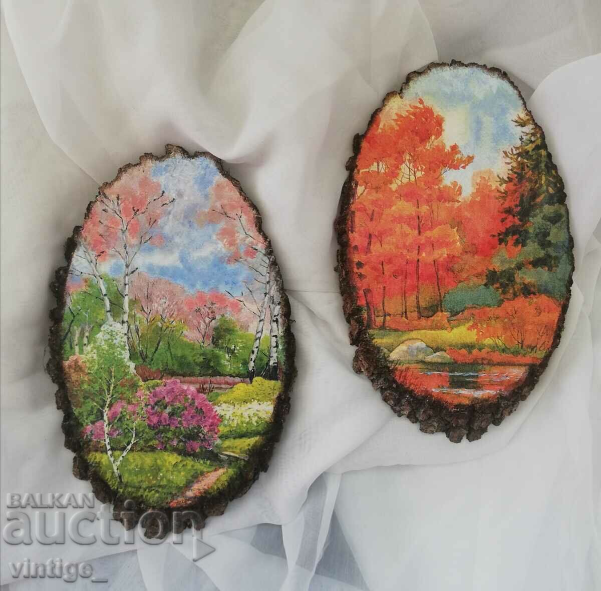 Wall decoration on real wood Spring and autumn