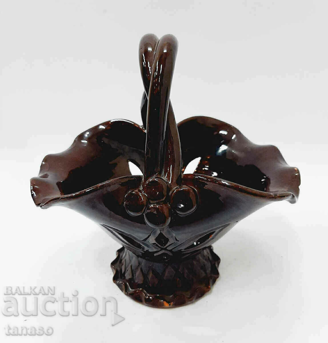 Old glazed ceramic basket, brown(9.2) - 5