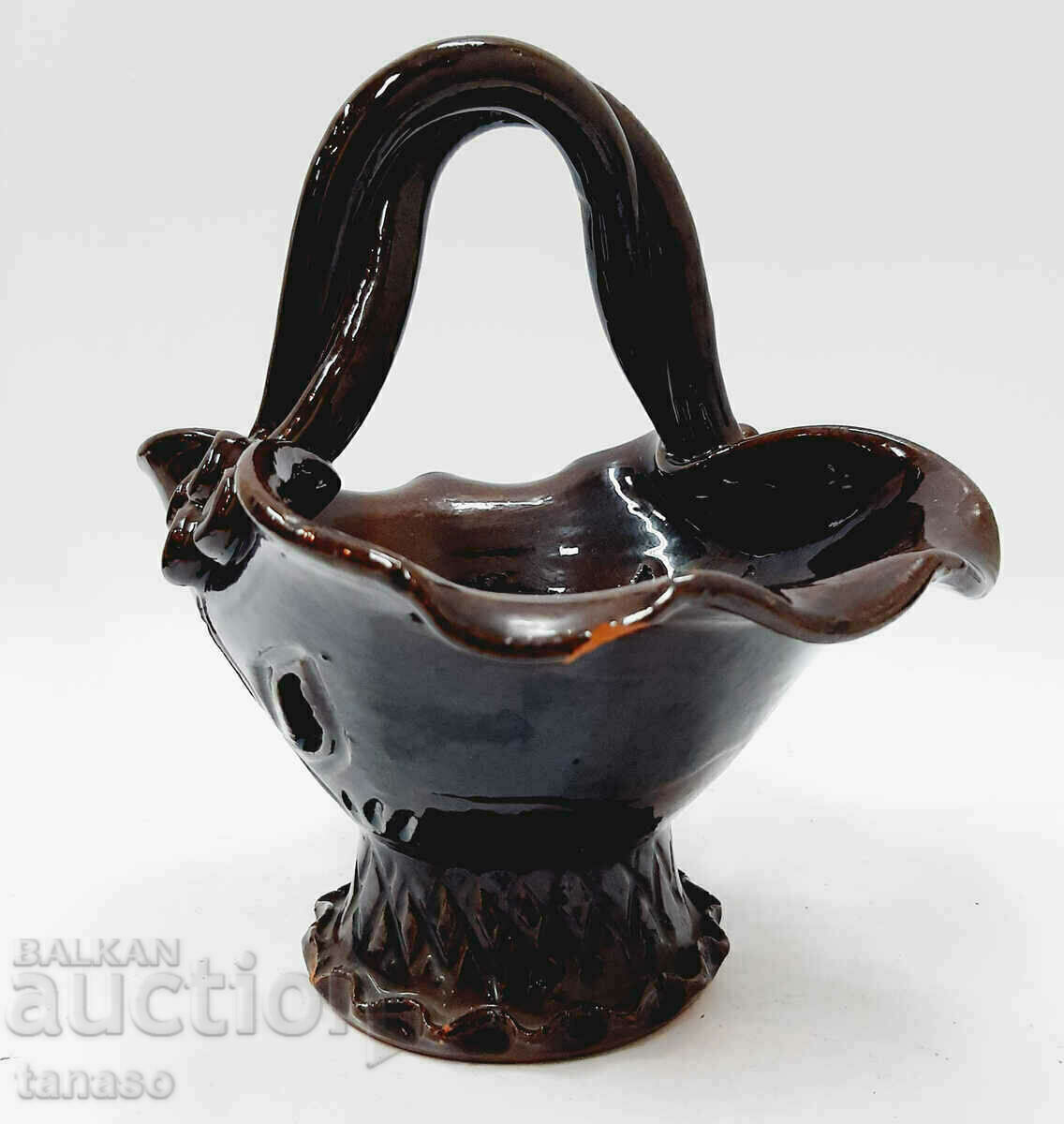 Old glazed ceramic basket, brown(9.2) - 6