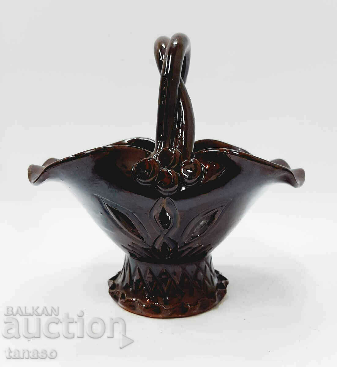 Old glazed ceramic basket, brown(9.2)