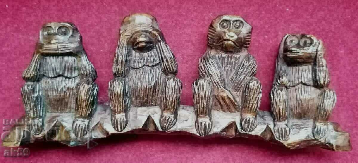 The four wise monkeys - wood carving small sculpture