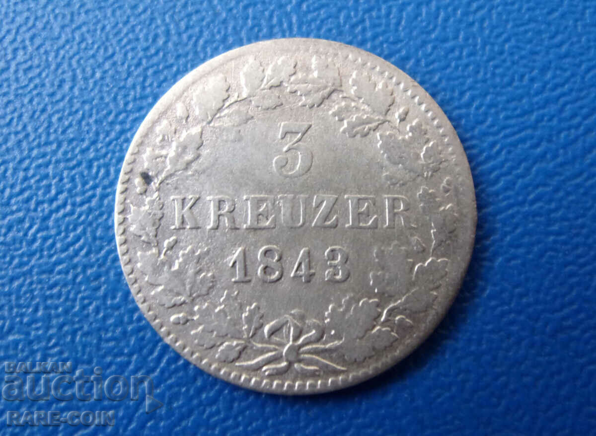 RS(48) Germany - Württemberg 3 Kreutzers 1843 Rare