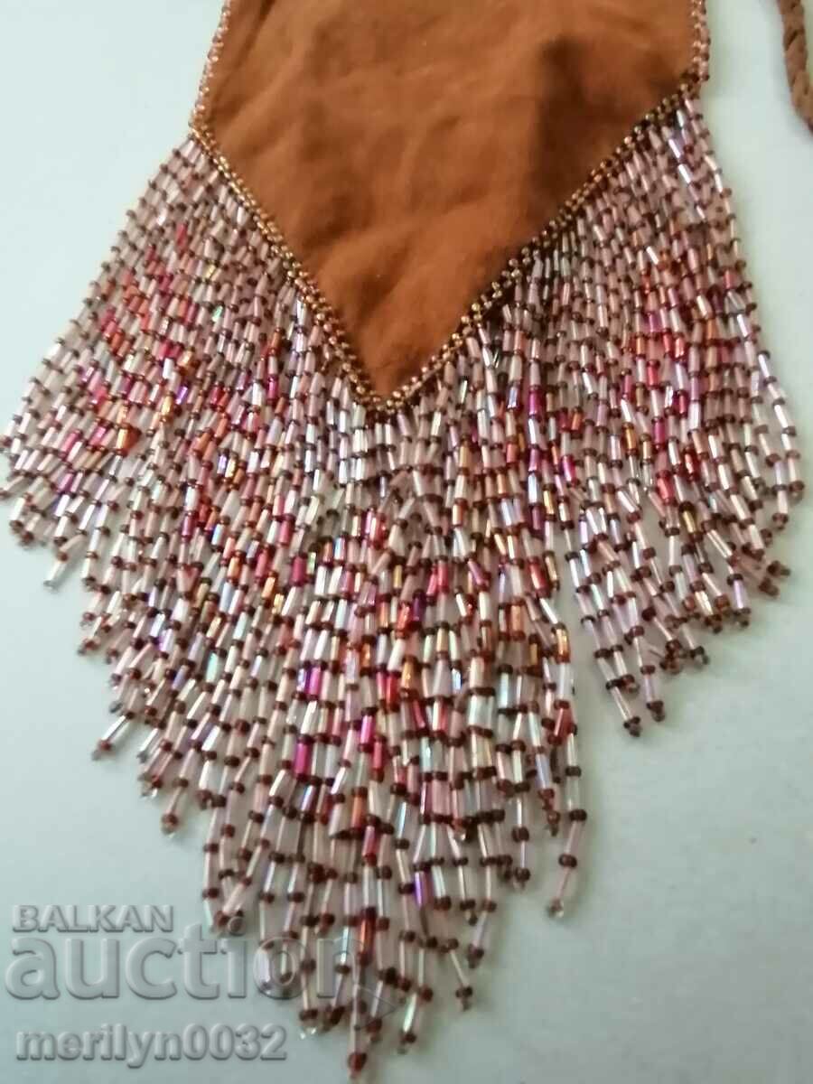 Licitație Geanta veche cu margele geanta blues din piele intoarsa fin