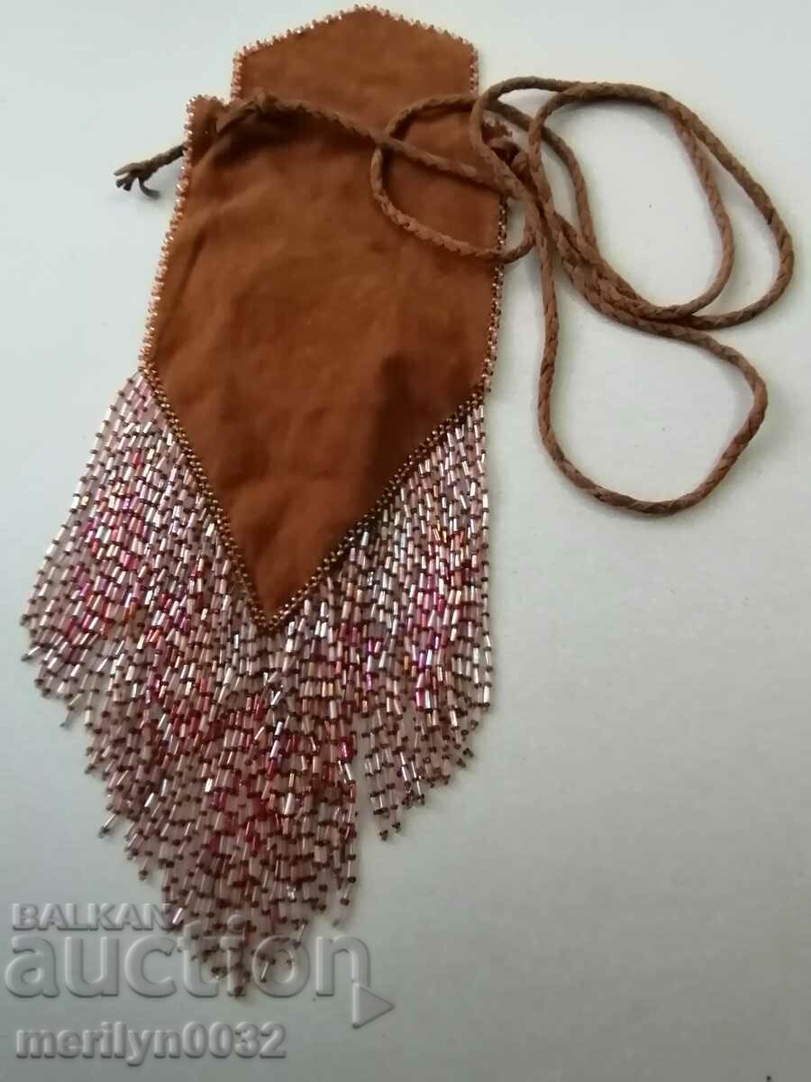 Geanta veche cu margele geanta blues din piele intoarsa fin - 7