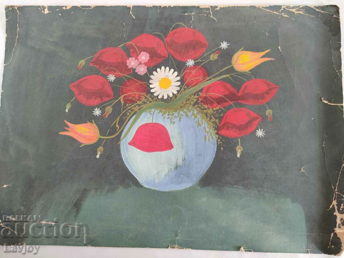 Стара картина Акварел Натюрморт с цветя