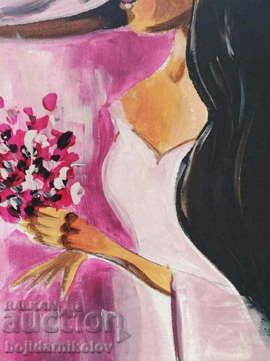 Delivery of Bouquet of the beloved, painted picture 30/40 on canvas