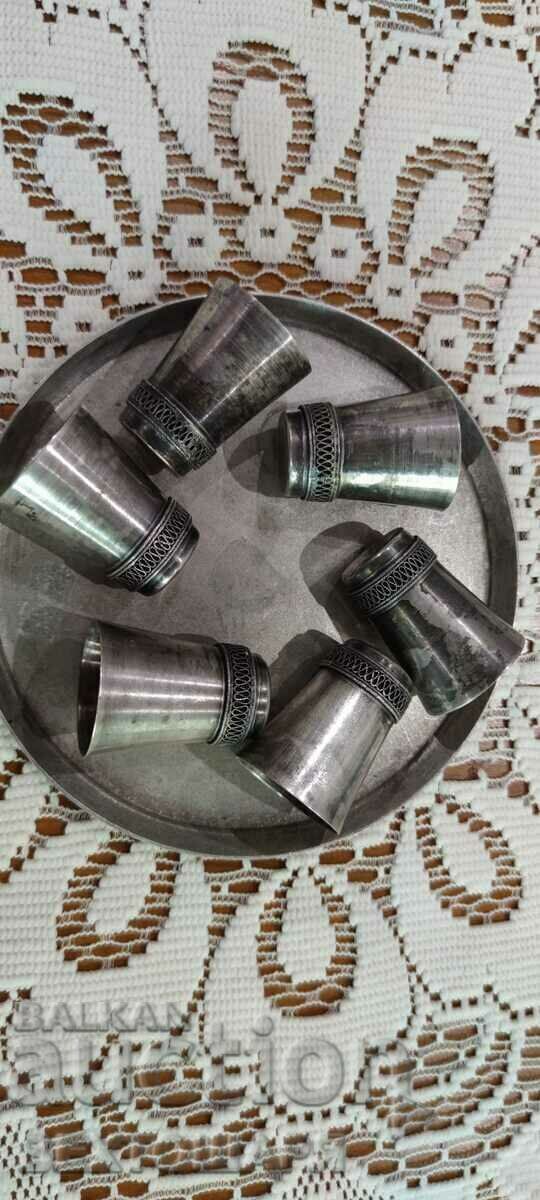 Antique Silver Plated Russian Service for Vodka - Liqueur - Melchior - 5 Antique Silver Plated Russian Service for Vodka - Liqueur - Melchior - 5