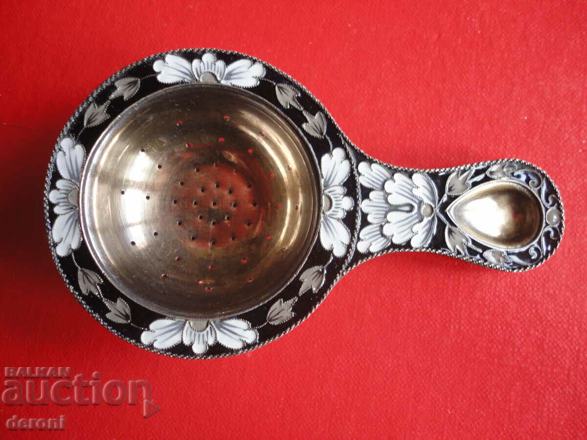 Unique Russian silver tea strainer enamel gilt 916 - 5 Unique Russian silver tea strainer enamel gilt 916 - 5