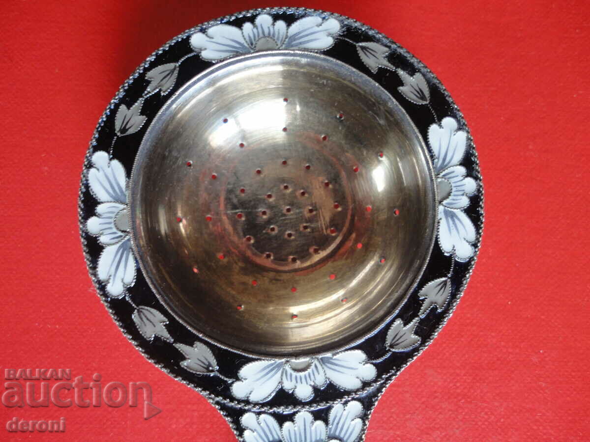 Unique Russian silver tea strainer enamel gilt 916 - 6 Unique Russian silver tea strainer enamel gilt 916 - 6