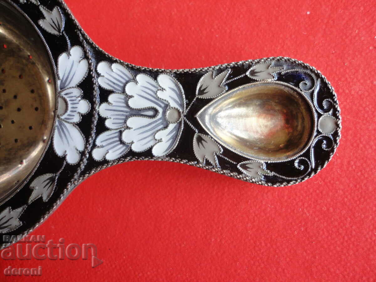 Unique Russian silver tea strainer enamel gilt 916 - 7 Unique Russian silver tea strainer enamel gilt 916 - 7