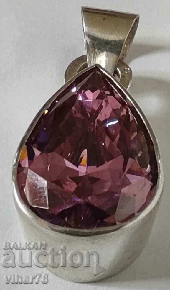 Solid silver pendant with pink zircon