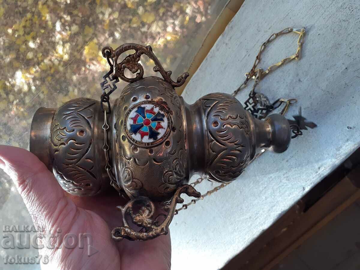 Sfeșnic mare agățat vechi cu cădelniță emailată - 6 Sfeșnic mare agățat vechi cu cădelniță emailată - 6