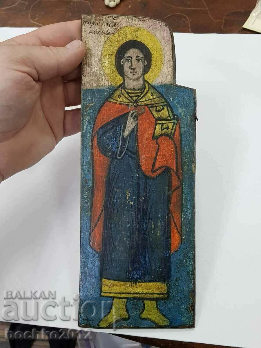Rare Revival Bulgarian icon triptych St. Pantaleimon