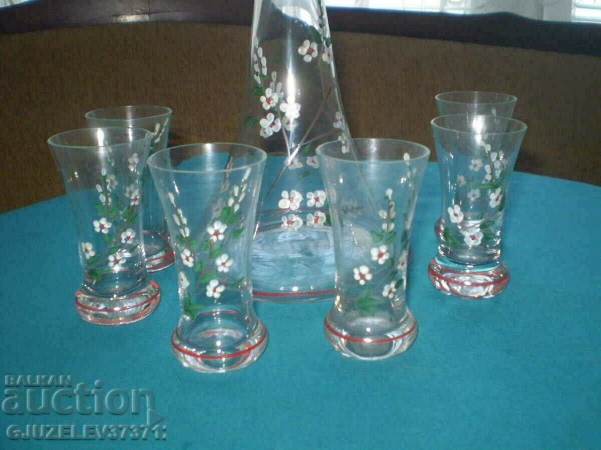 Auction Old brandy service hand painted 6 glasses and a column Auction Old brandy service hand painted 6 glasses and a column